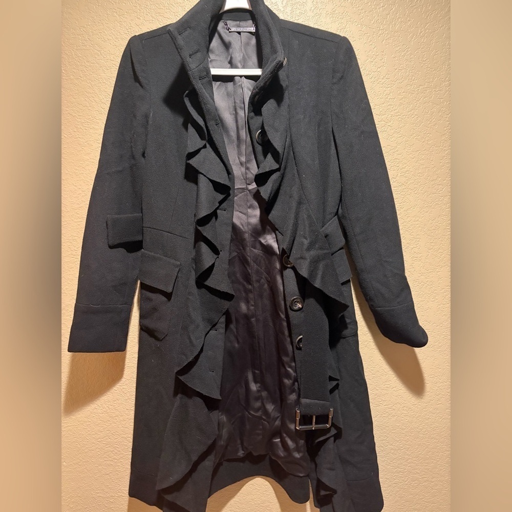 Diane Von Furstenberg Elegant Black Casmere Ruffled Women's Coat